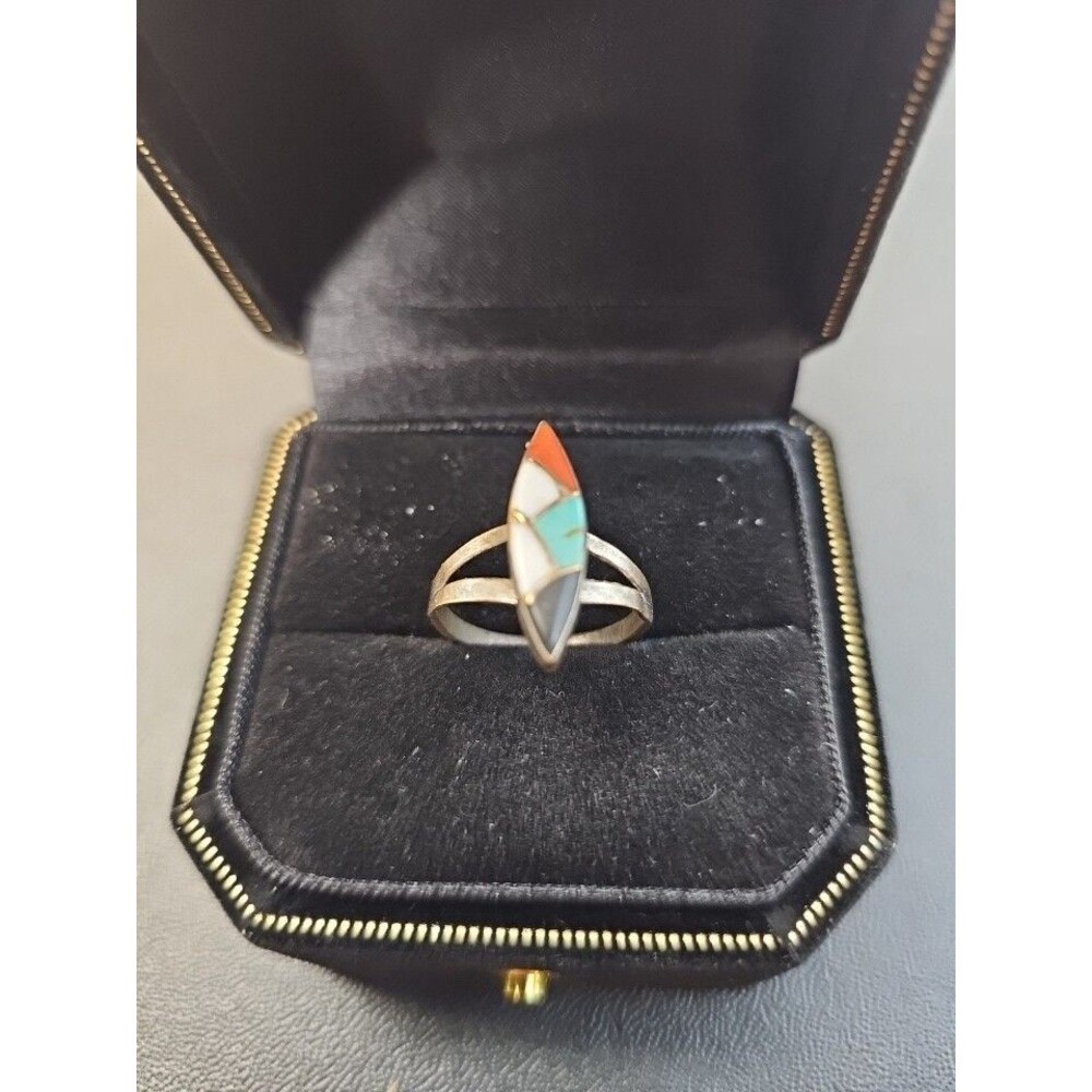 Handmade Southwestern Turquoise Coral Shell Onyx Inlay Ring Size 7